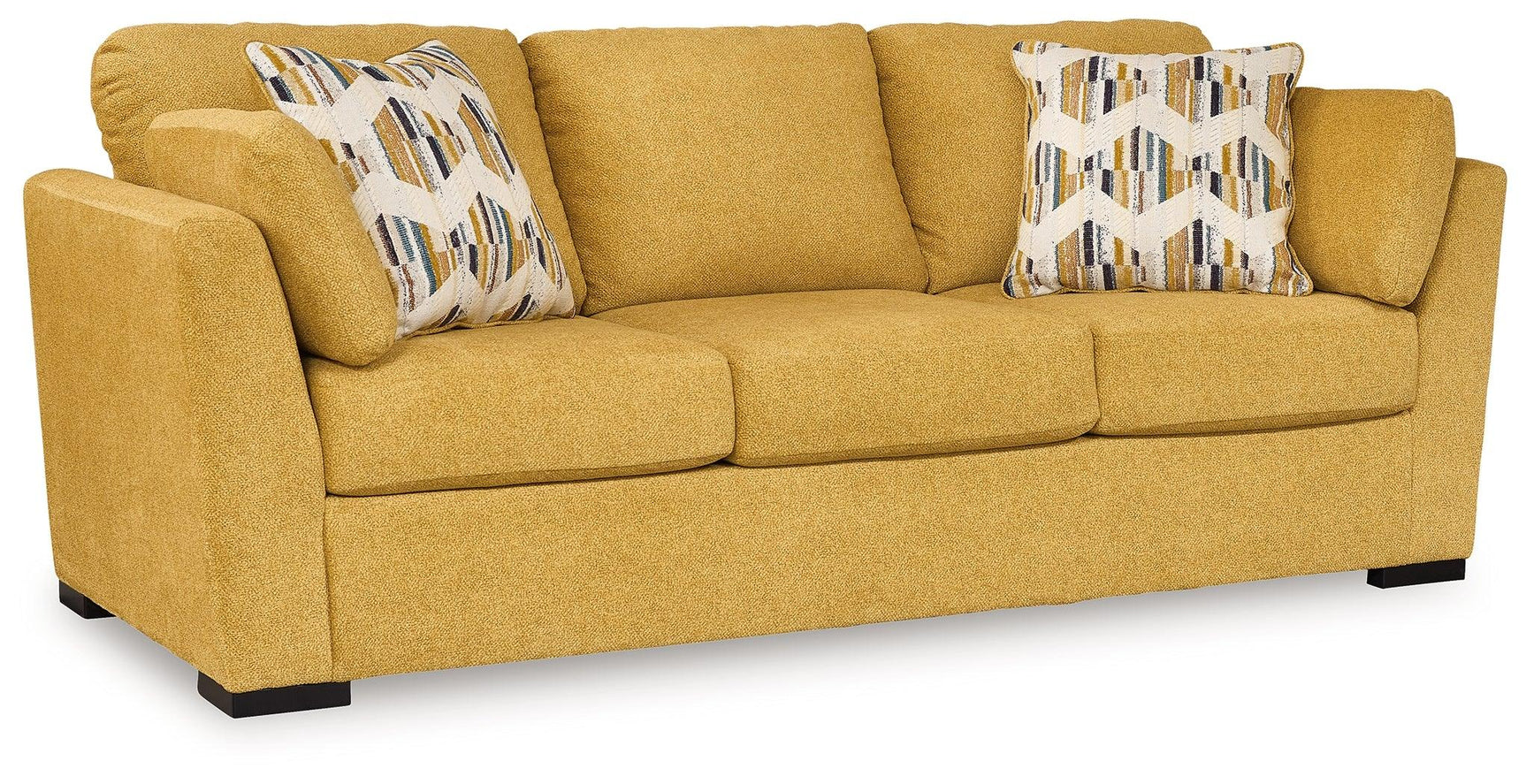 Side view of Keerwick Sunflower Chenille Sofa showing armrest and cushions
