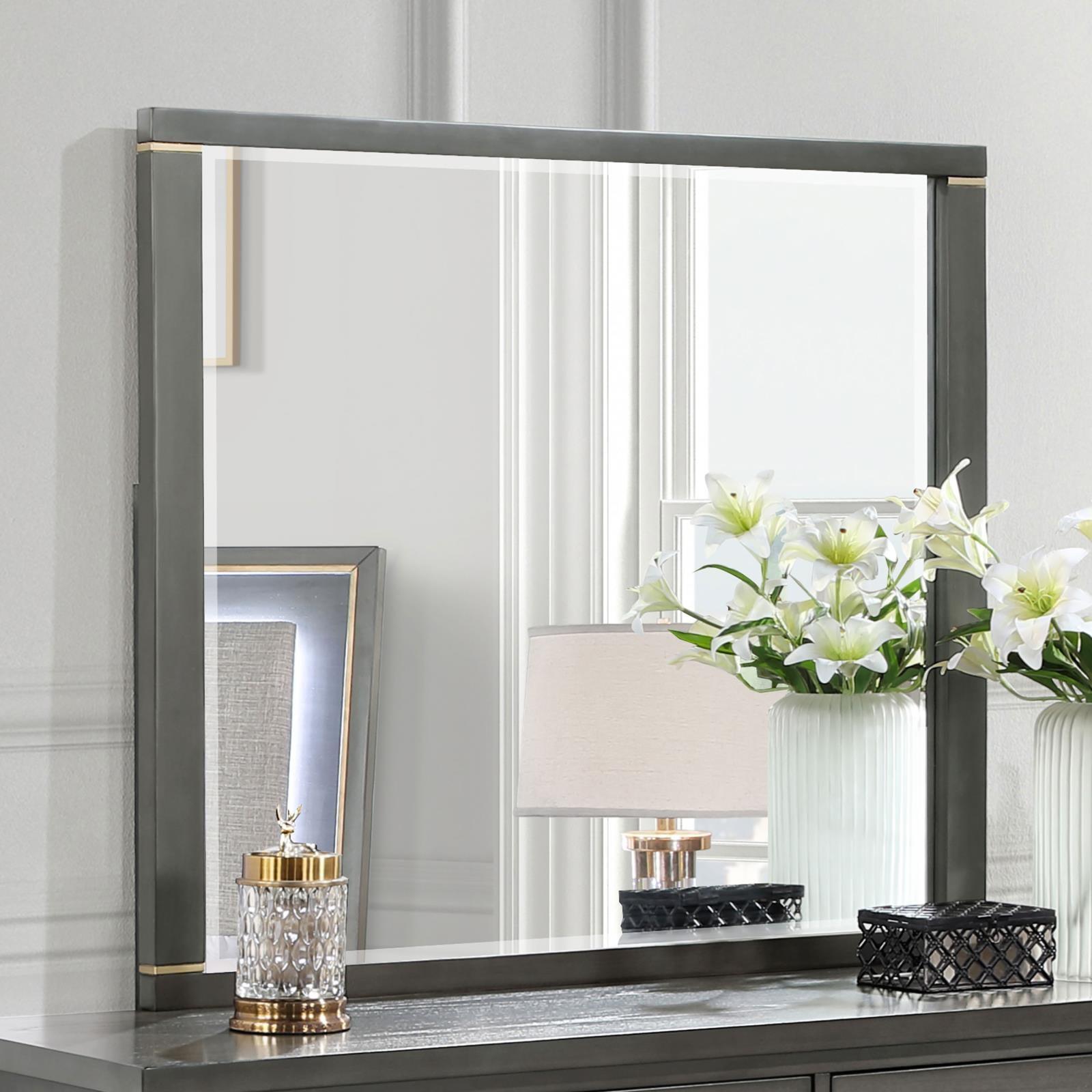 Side view of Kieran dresser mirror showing brass detail