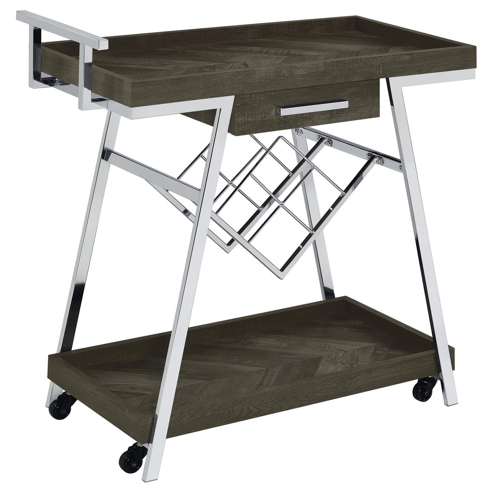 Kinney 2-tier bar cart with storage drawer rustic grey and chrome side view