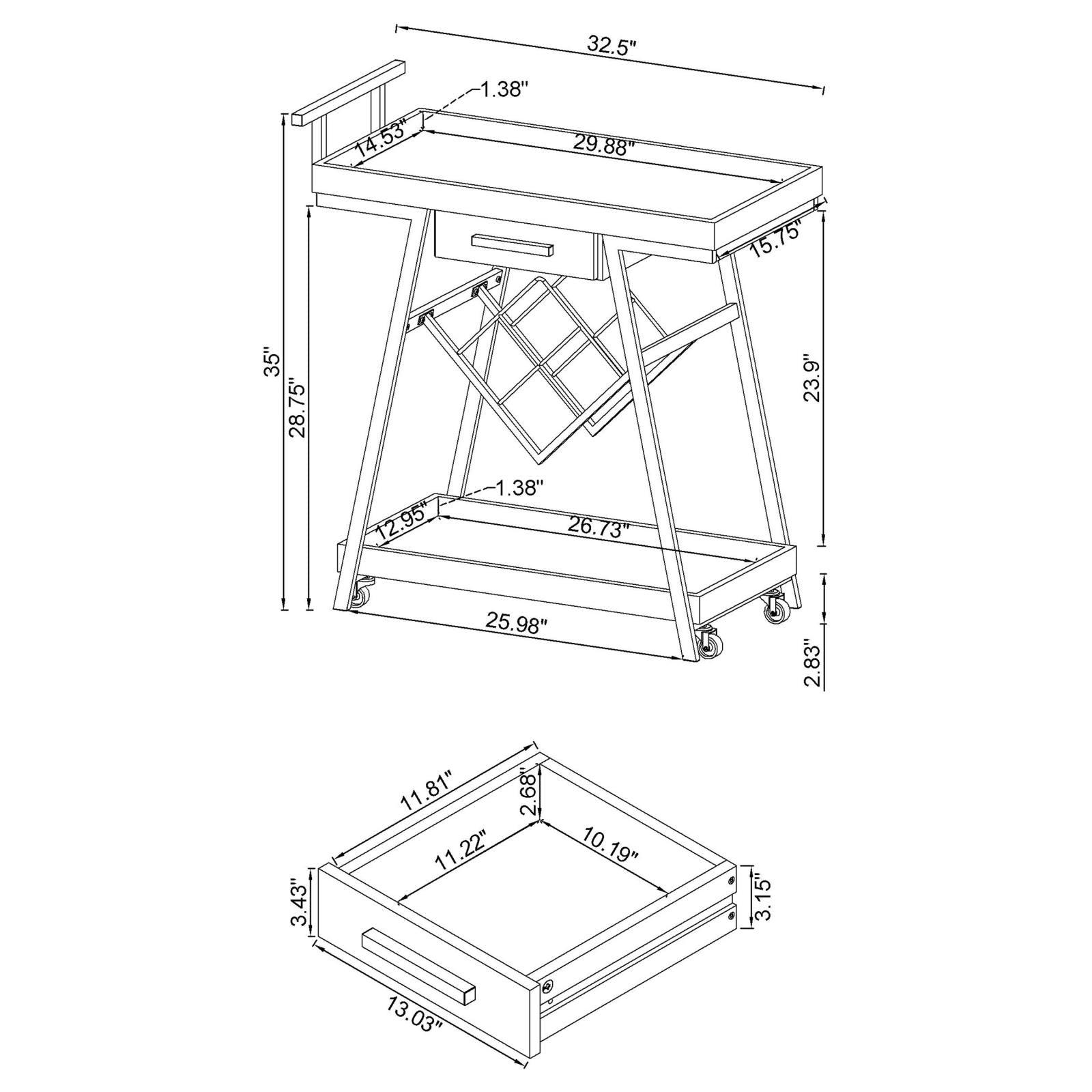 Kinney bar cart drawer assembly hardware detail