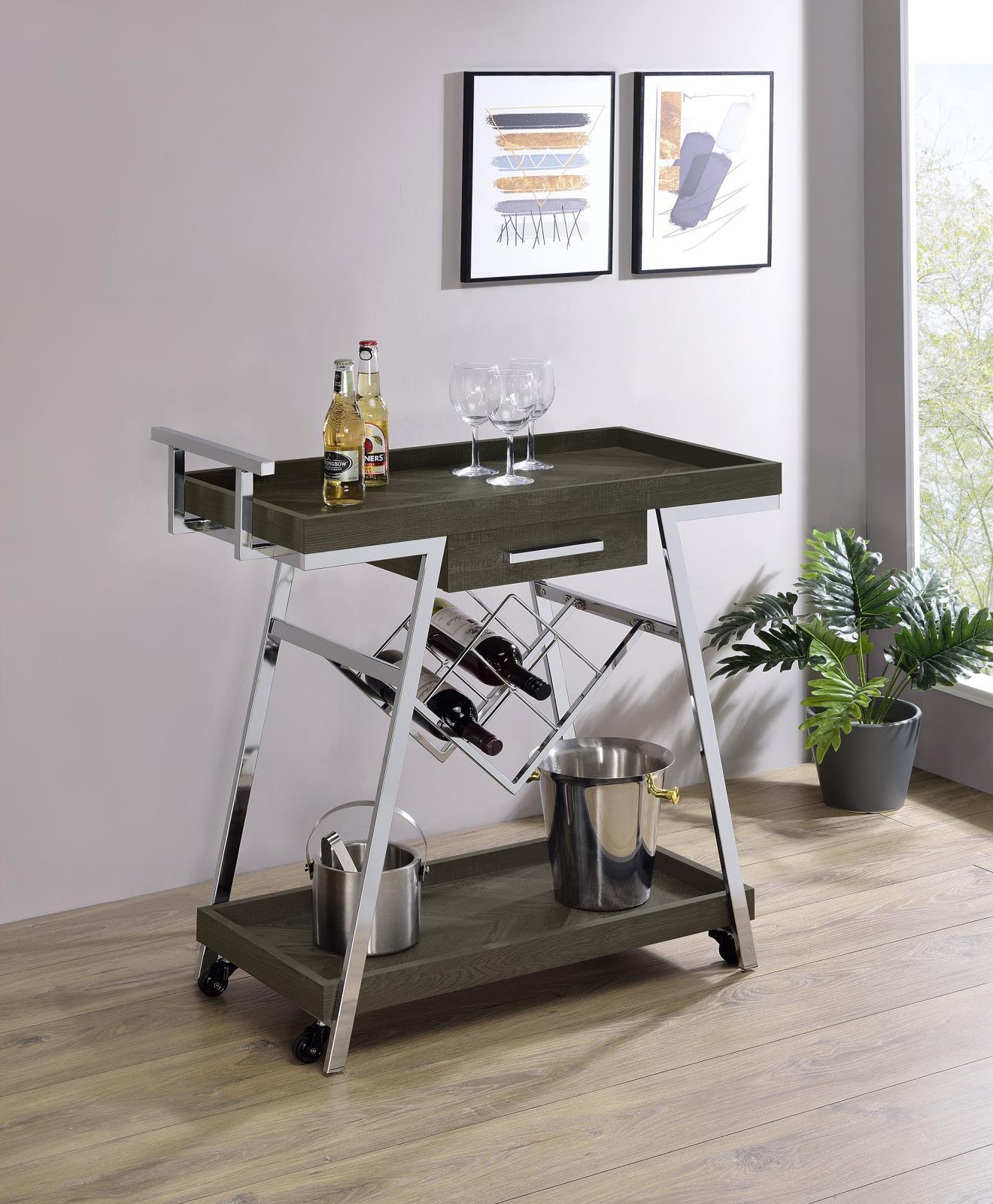 Kinney bar cart top shelf with serving items rustic grey and chrome