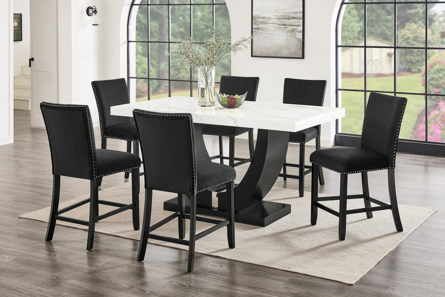 Larry 7-Piece Counter-Height Dining Set with White Marble-Look Table and Black Velvet Stools from Decor Furniture