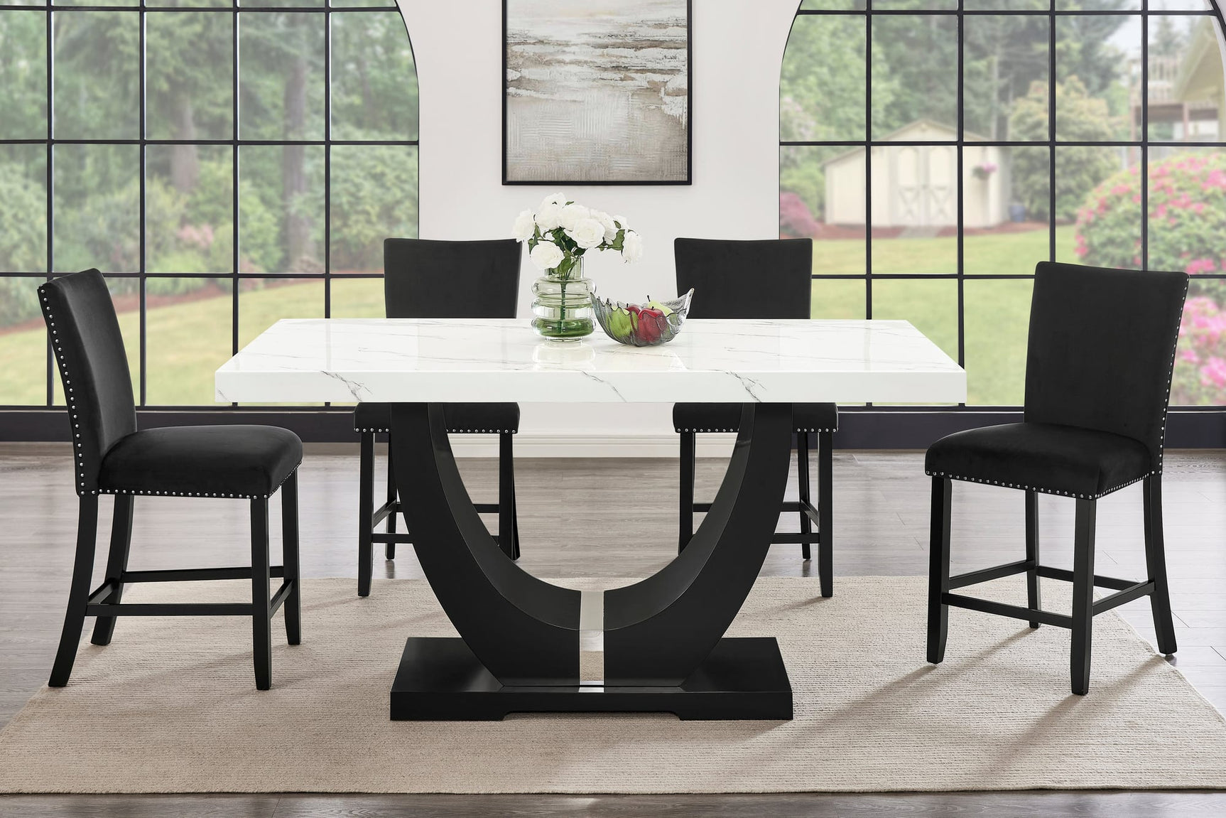 Larry 7-Piece Counter-Height Dining Set with White Marble-Look Table and Black Velvet Stools view 2
