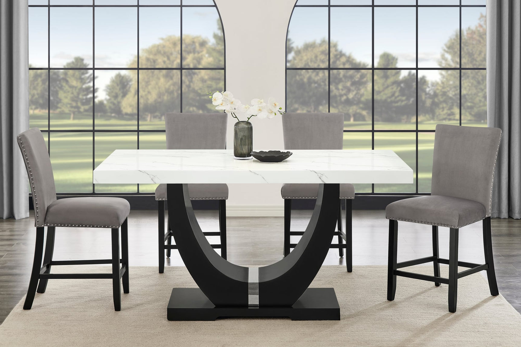 Larry 7-Piece Counter-Height Dining Set with White Marble-Look Table and Grey Velvet Stools view 2
