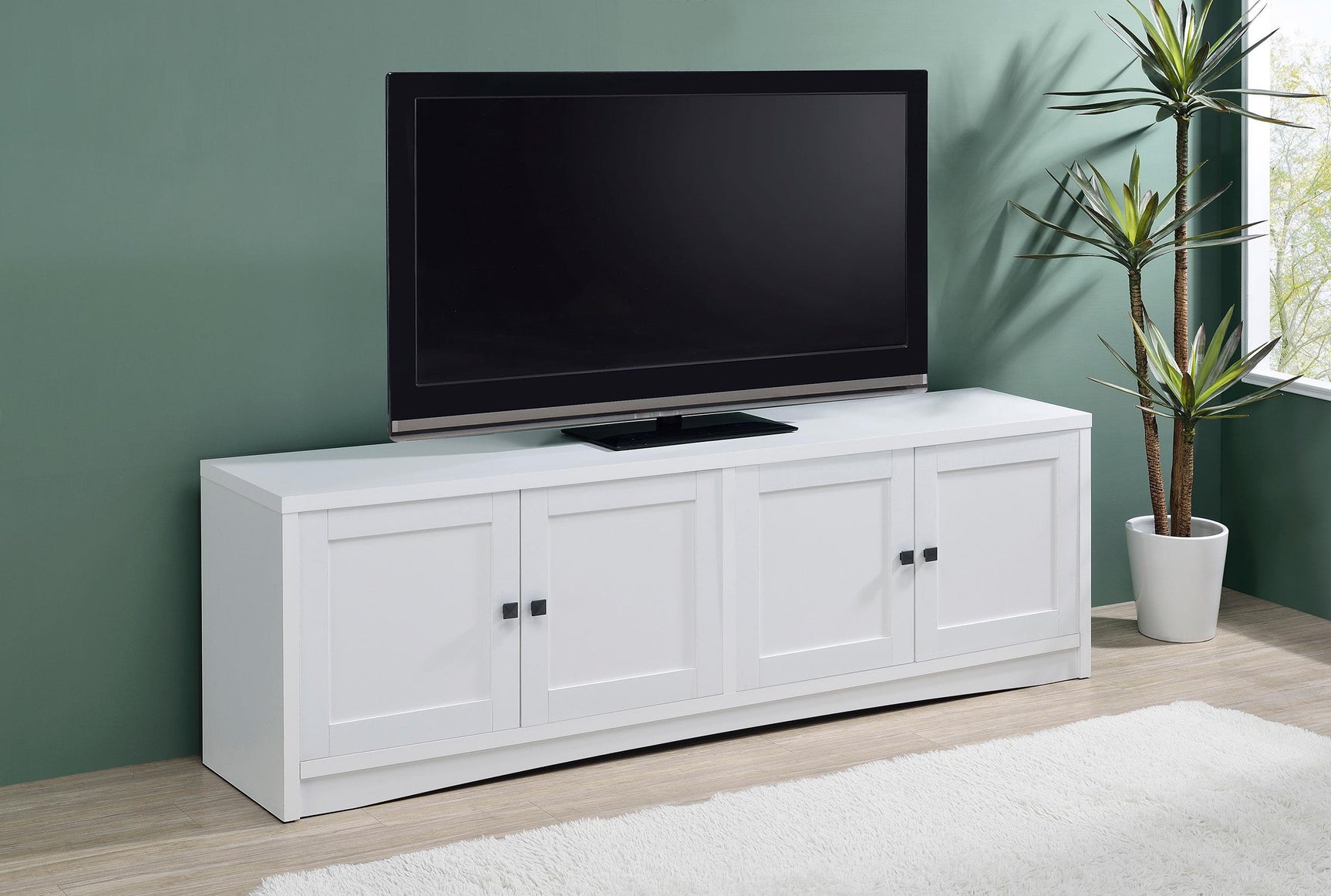 Side angle of Laughlin 3-piece Entertainment Center showing storage doors