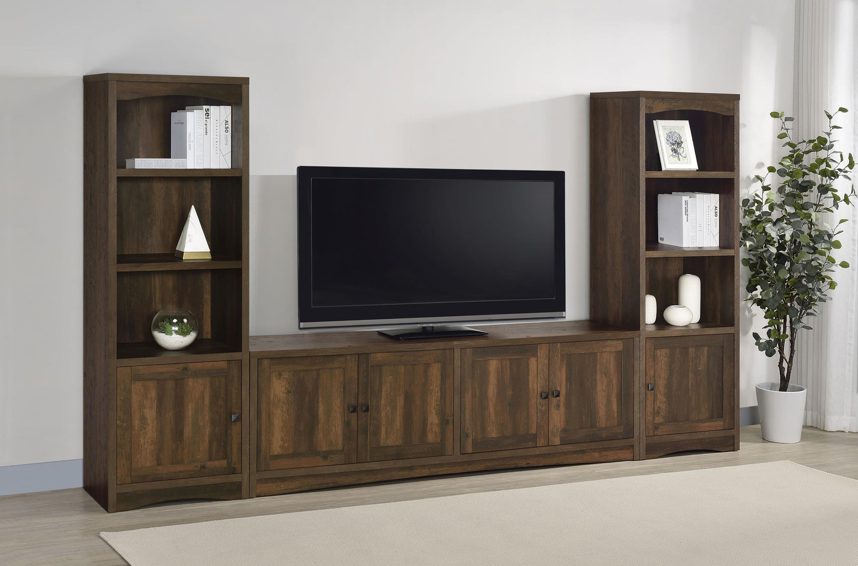 Close-up of Laughlin media tower door and shelves in dark pine