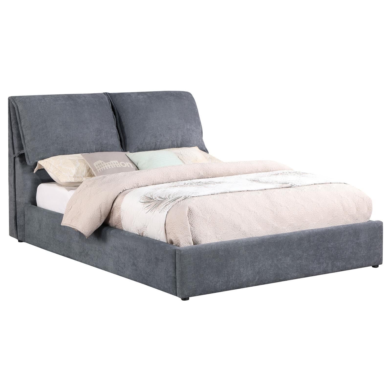 Close-up of fabric upholstery and pillow headboard ties on Laurel Queen Platform Bed