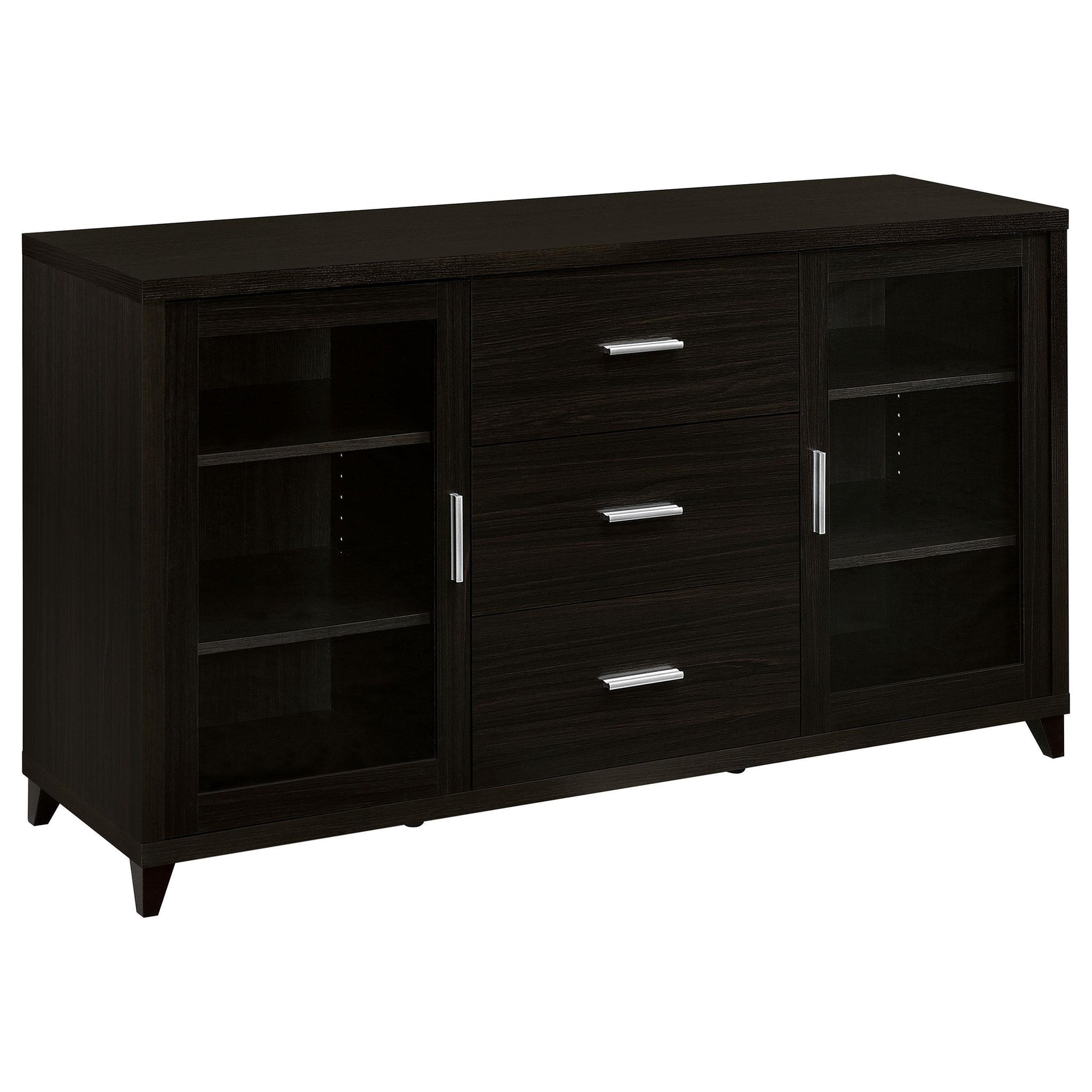Lewes entertainment center side angle showing shelving and drawers