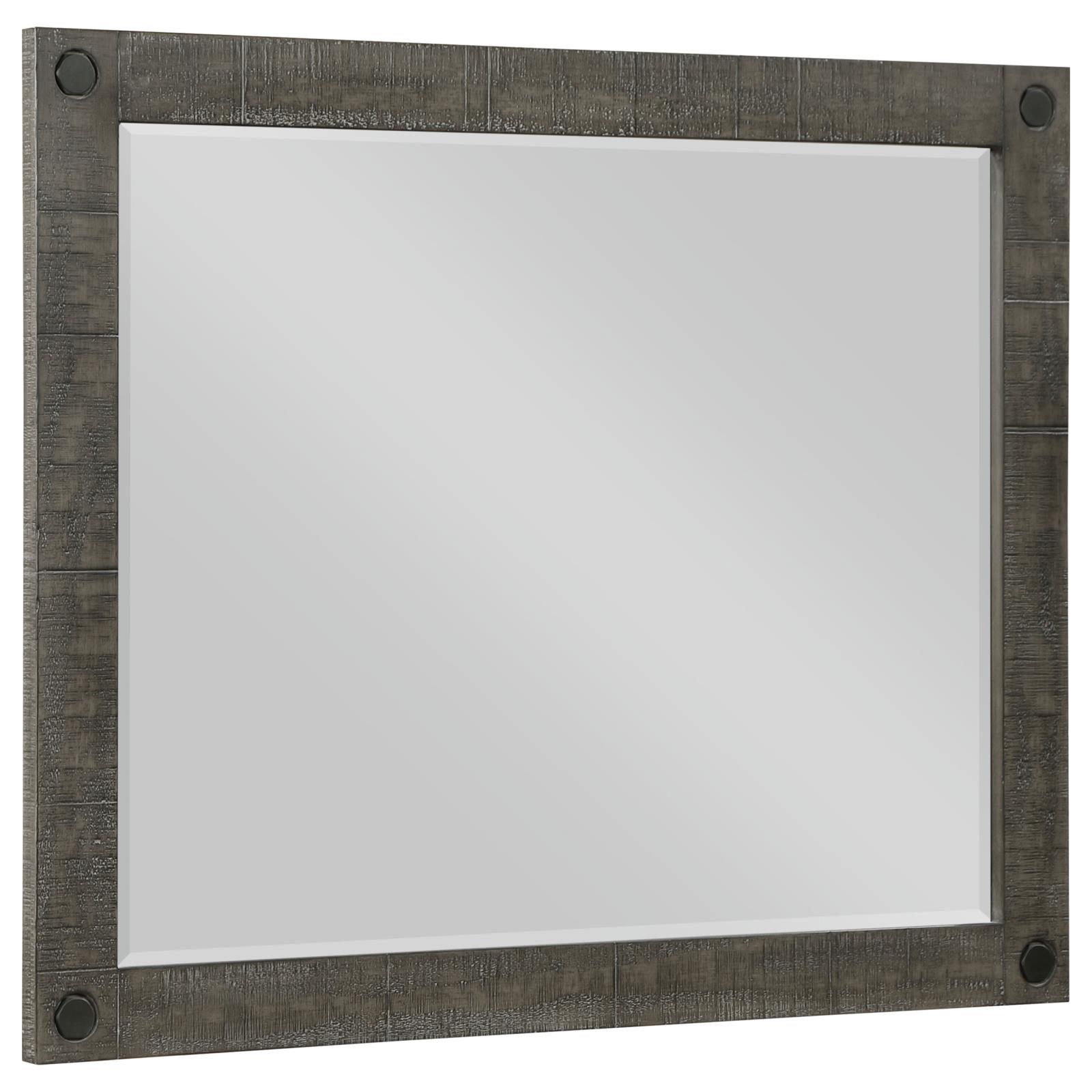 Lilith Rectangular Dresser Mirror Distressed Grey angled showing hexagonal bolt detail