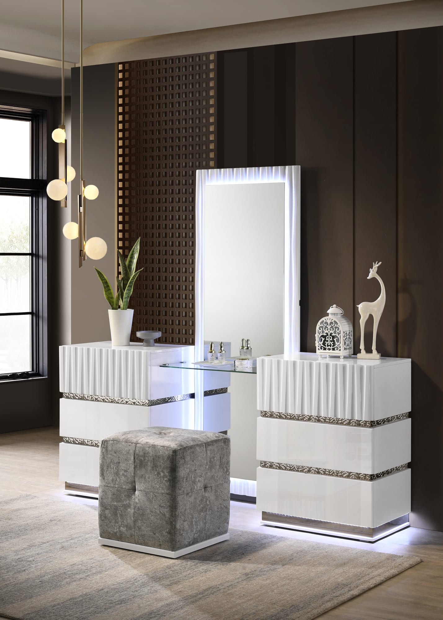 Lisbon White Contemporary Bedroom Set with Cool LED view 3