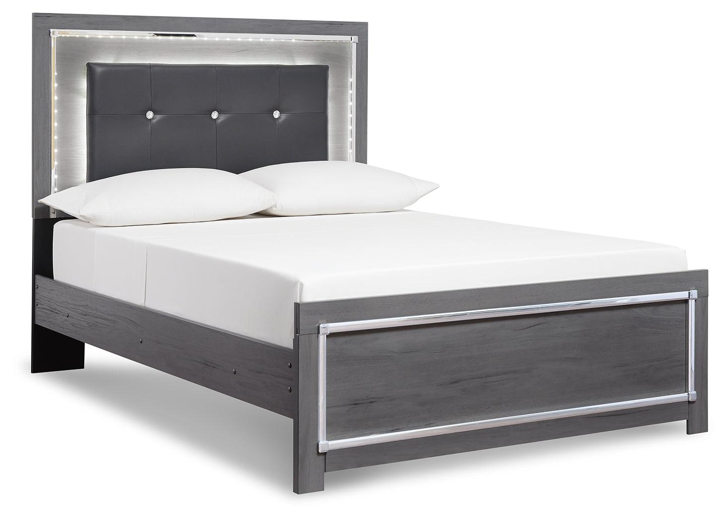 Lodanna Gray Panel Bedroom Set side view of upholstered bed