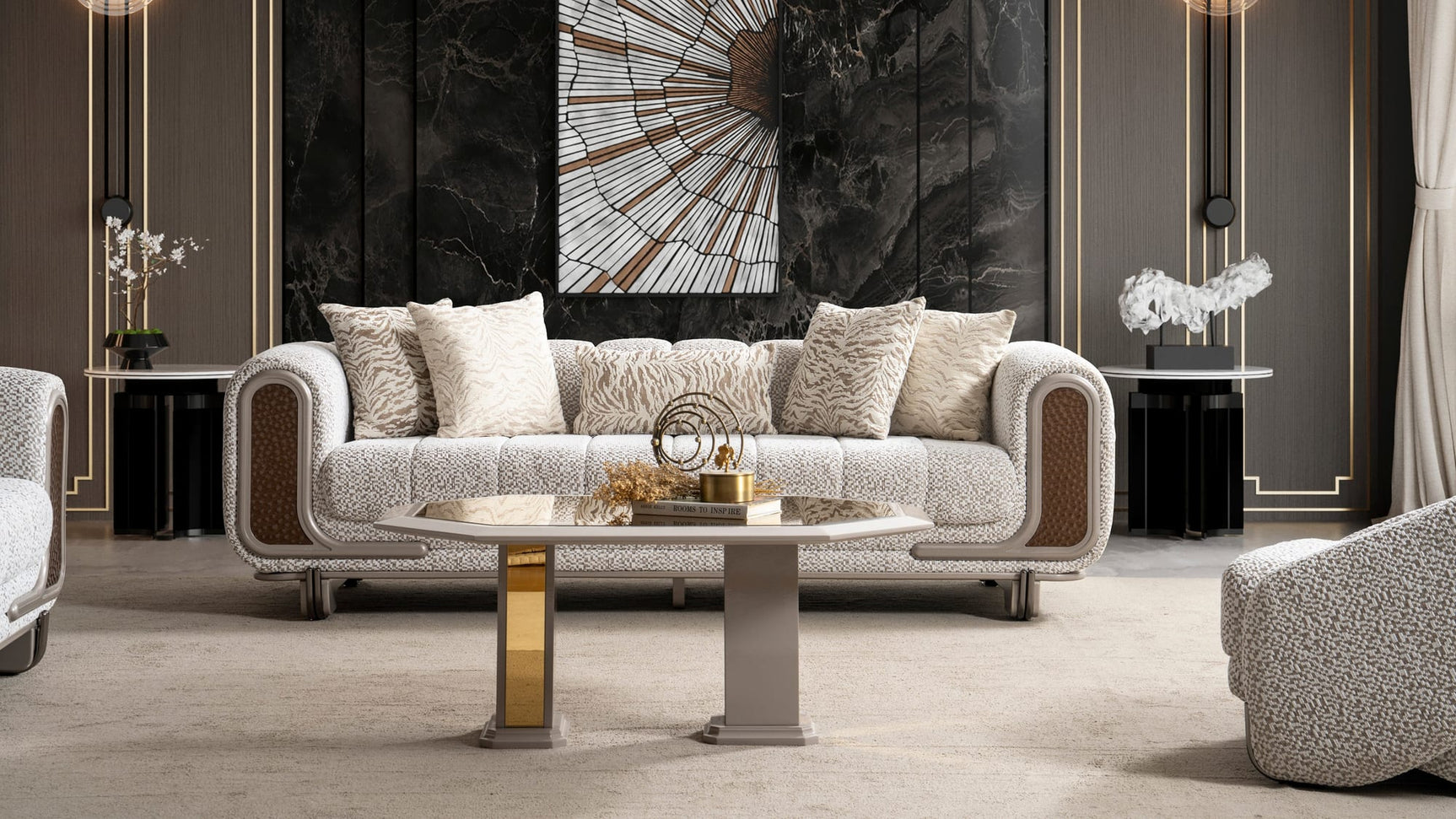 Lora Sofa, Loveseat, and Chair Set with Curved Wood-Trimmed Arms view 2