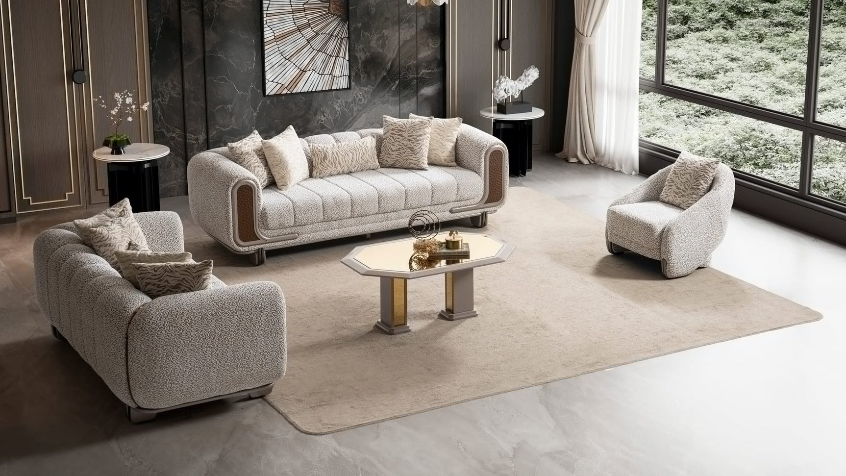 Lora Sofa, Loveseat, and Chair Set with Curved Wood-Trimmed Arms angled view