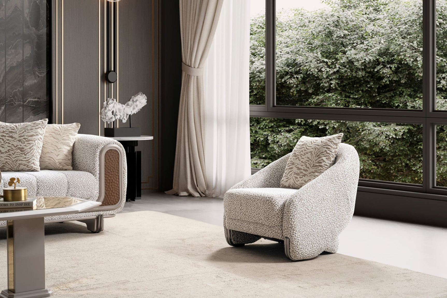 Lora Sofa, Loveseat, and Chair Set with Curved Wood-Trimmed Arms view 19