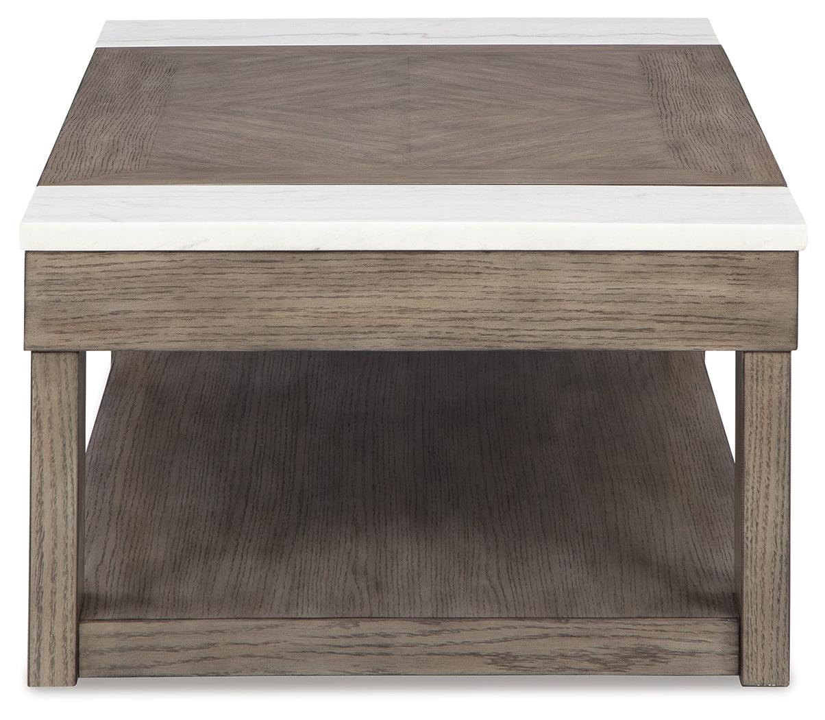 View of spacious lower shelf on Loyaska lift-top coffee table