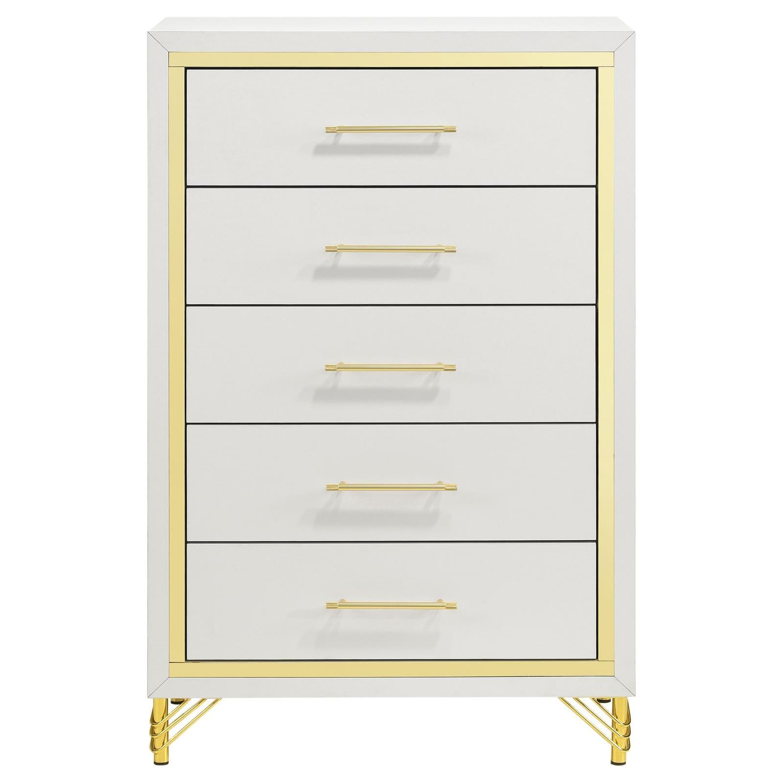 Close-up of gold bar drawer pull on white chest