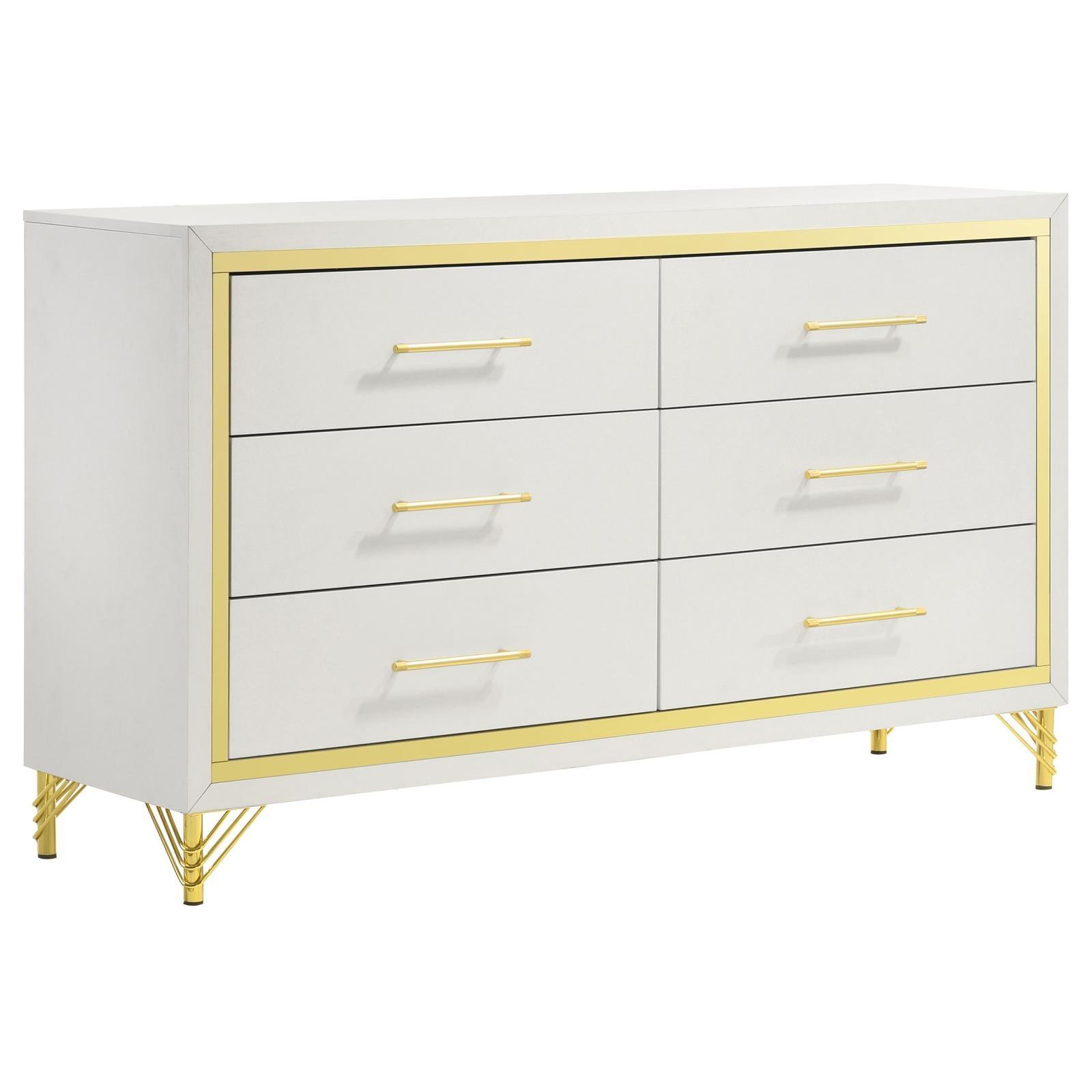 Front view of Lucia 6-drawer white bedroom dresser with gold trim
