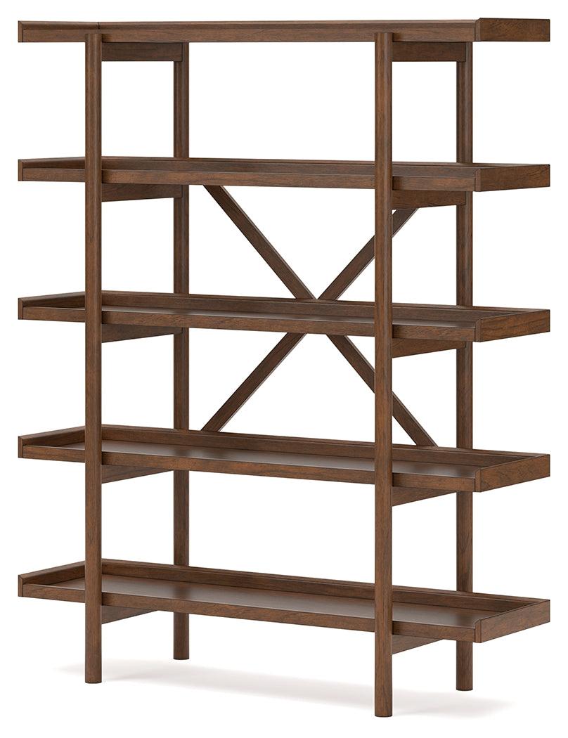 Lyncott 70 inch bookcase close-up of medium brown wood finish