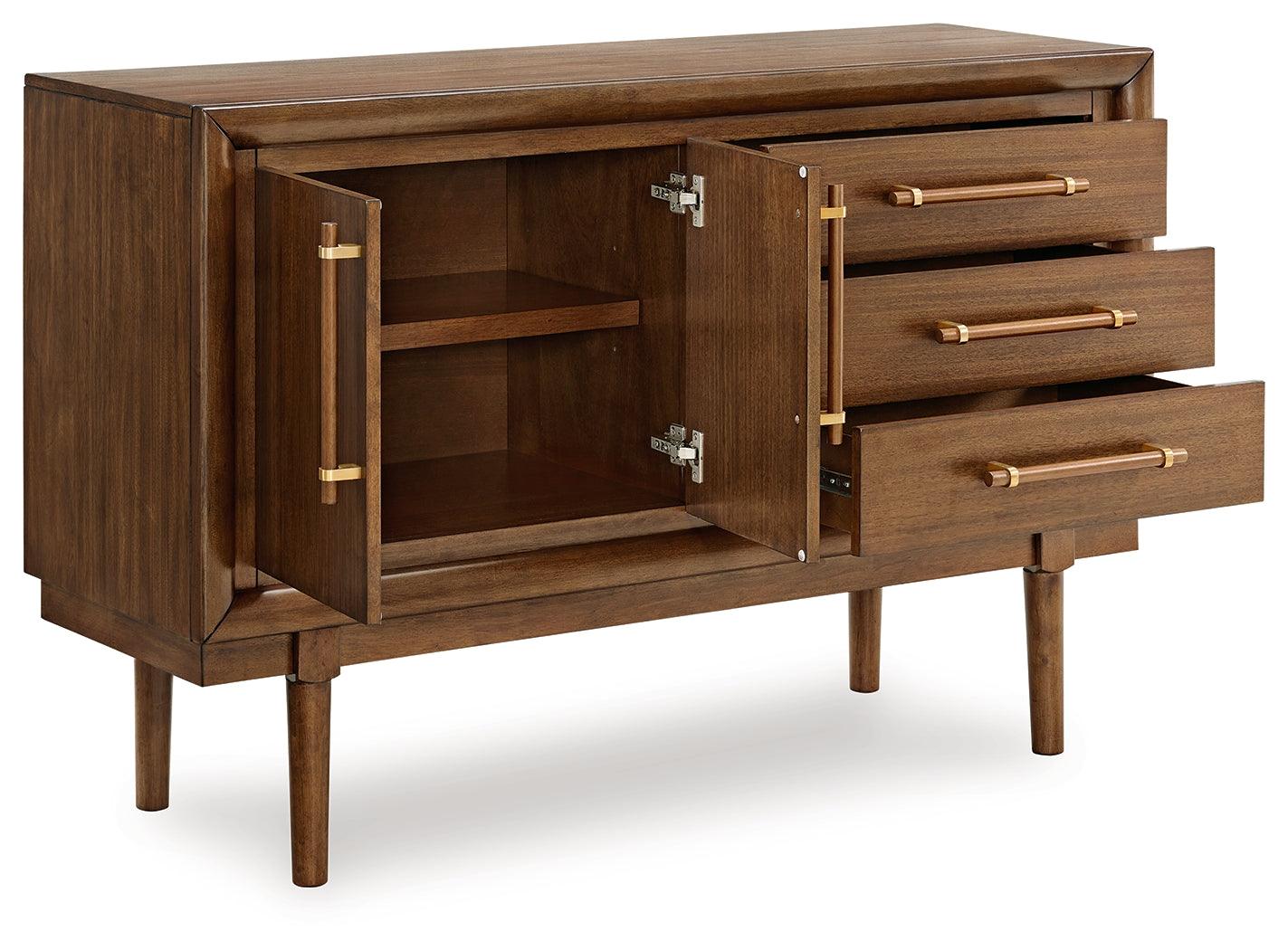 Close-up of drawer detail on Lyncott Brown Dining Server