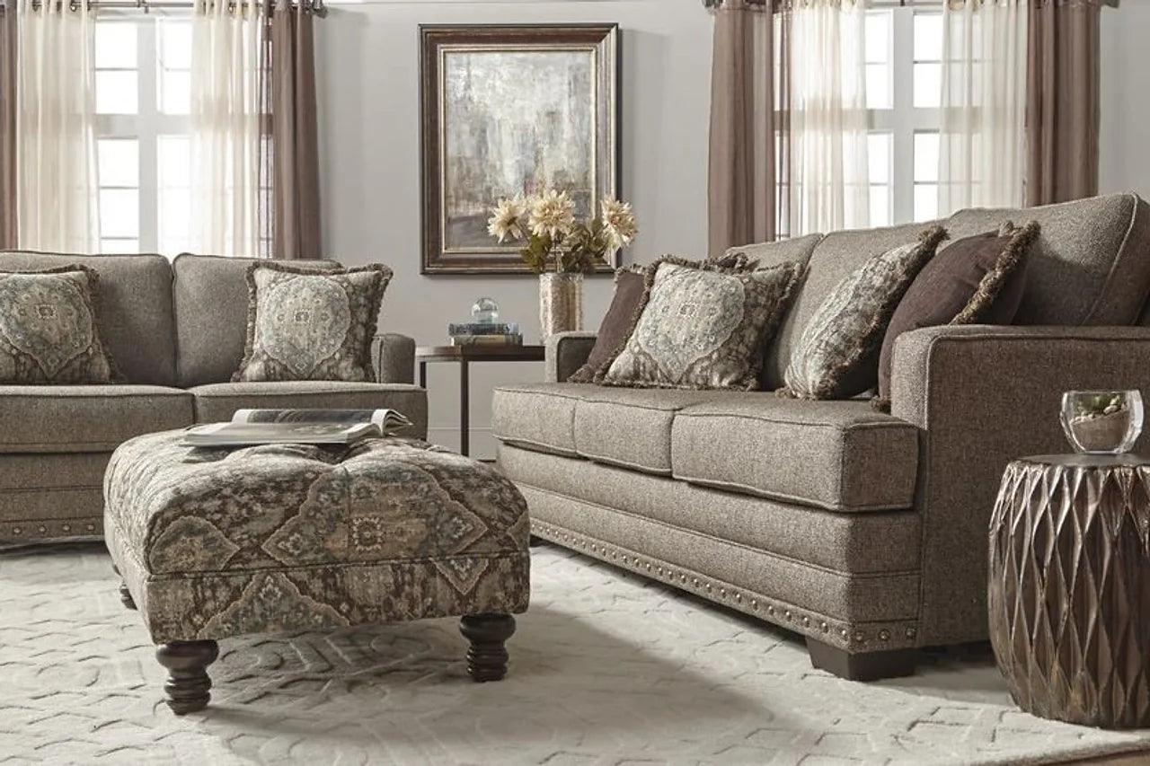 Malibu Buckhorn tan fabric sofa front view