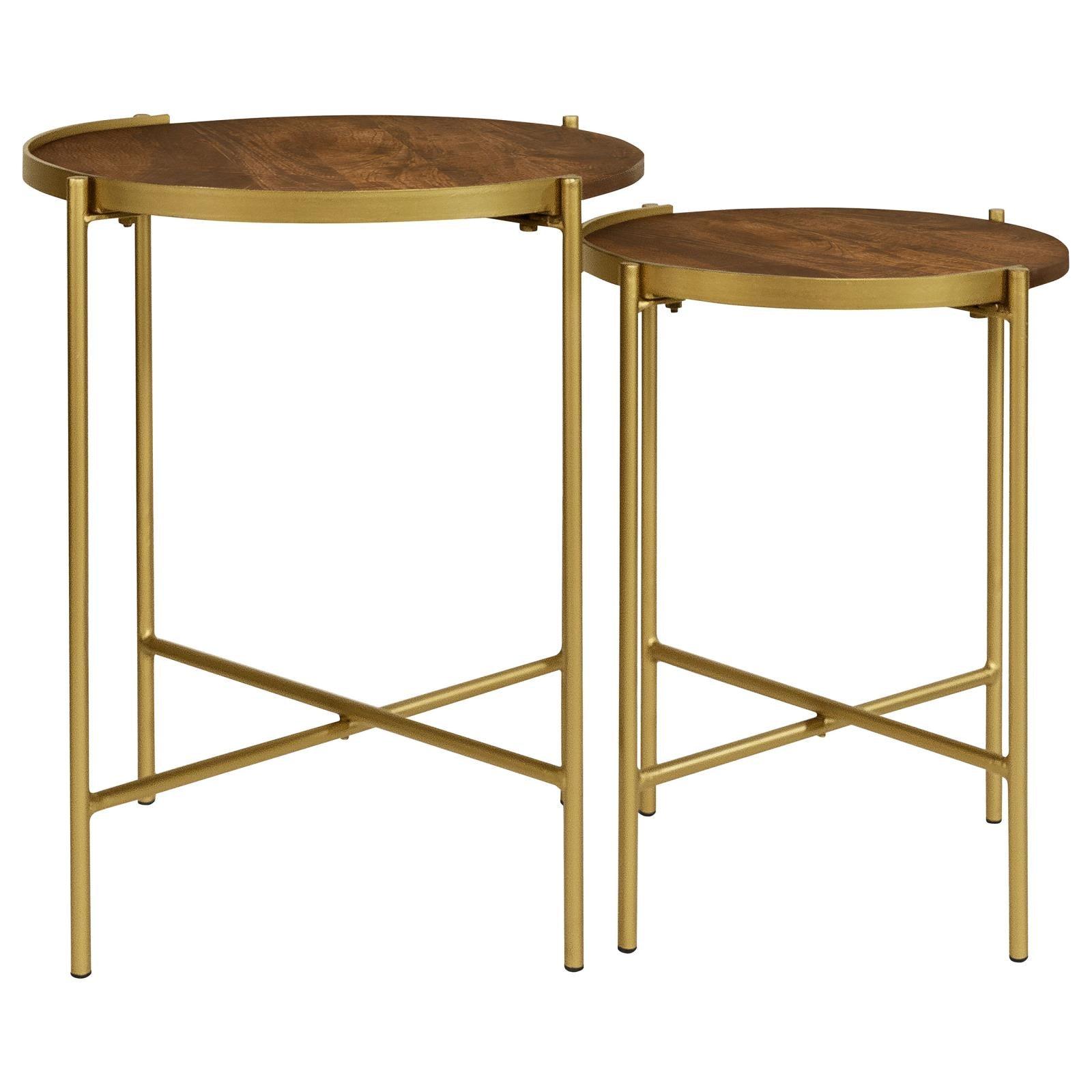 Side view of Malka round nesting tables highlighting round tabletops and gold finish