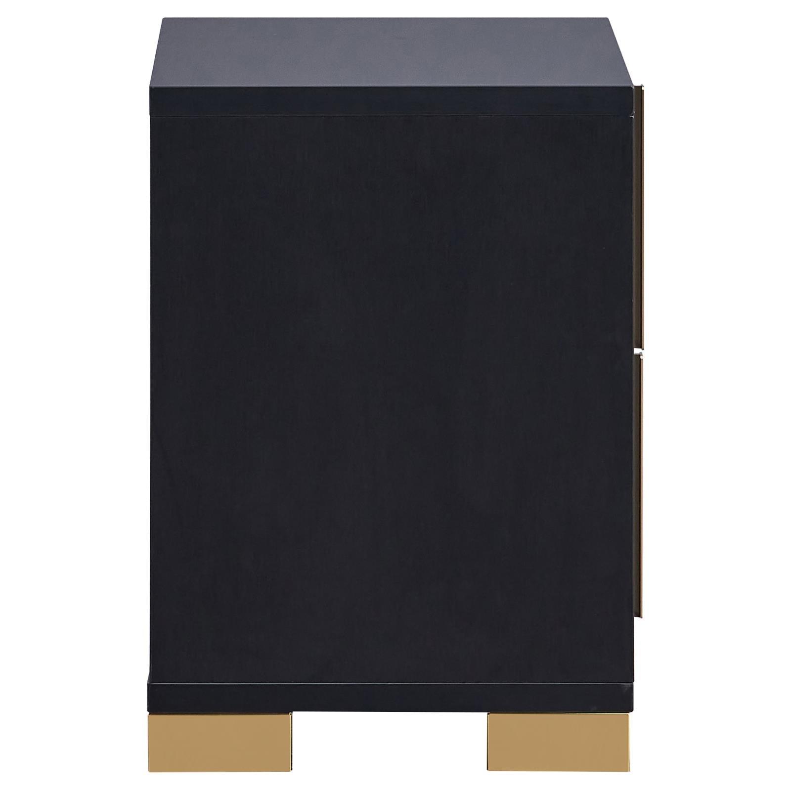 Marceline black nightstand with two drawers and gold hardware, front view