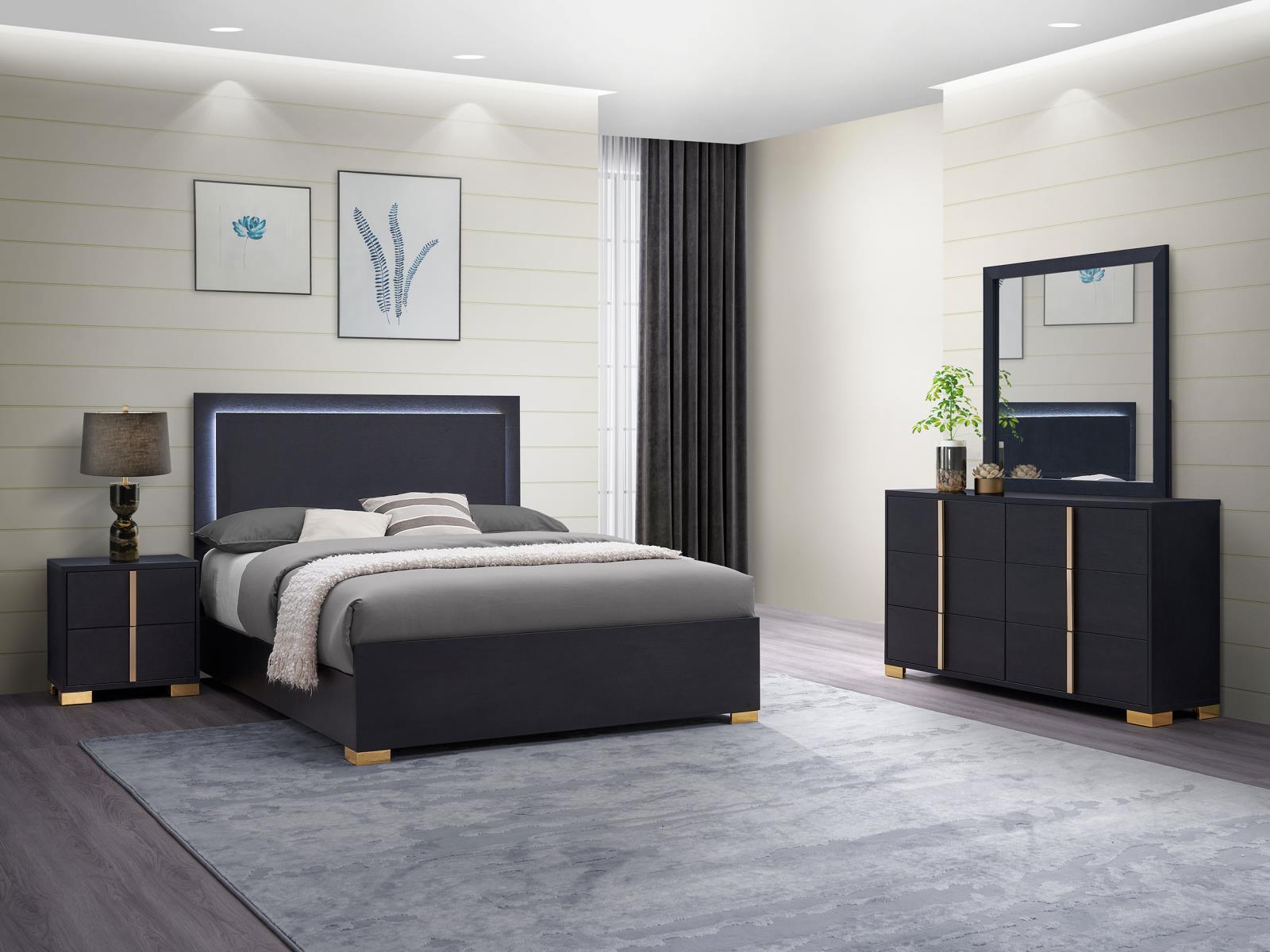 Marceline Full Bedroom Set front view with LED headboard lit