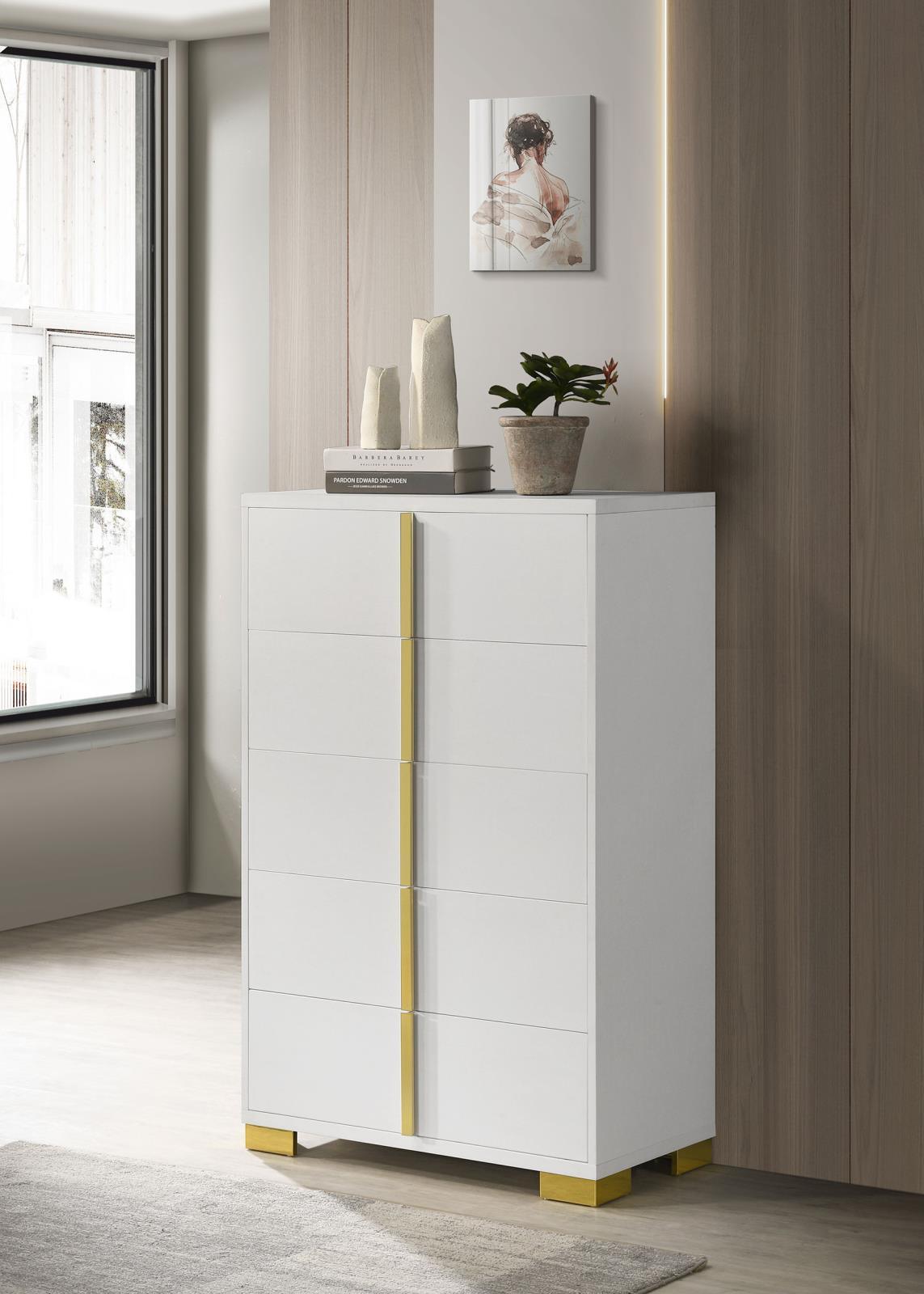 Side angle of Marceline 5-Drawer White Chest showcasing drawer detail