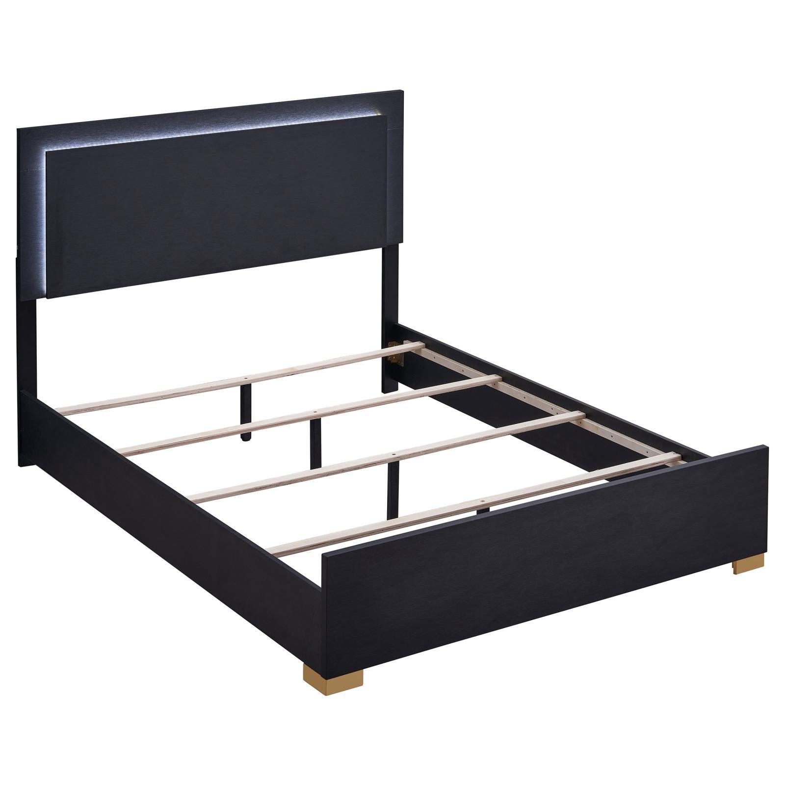 Side profile of Marceline Full Bed with gold metal feet
