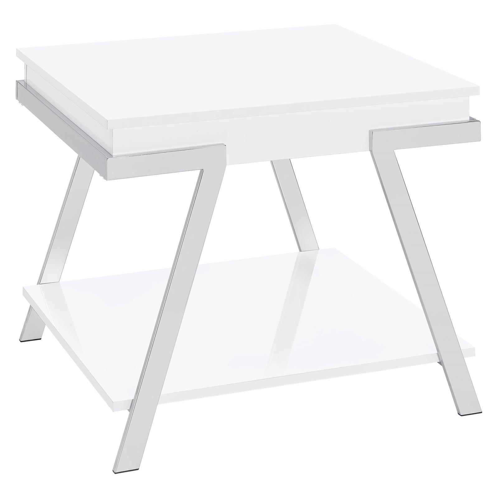 Marcia white high gloss rectangular end table with chrome frame front angle