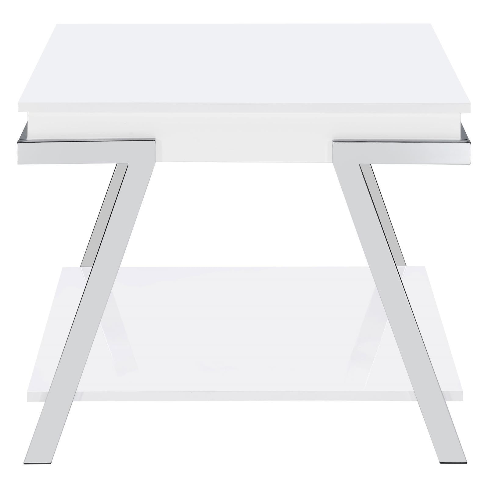 Close-up of chrome metal frame on Marcia white high gloss end table