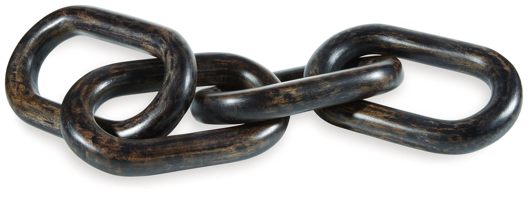 Side angle of Mardelby distressed black sculpture showing interlocking rings