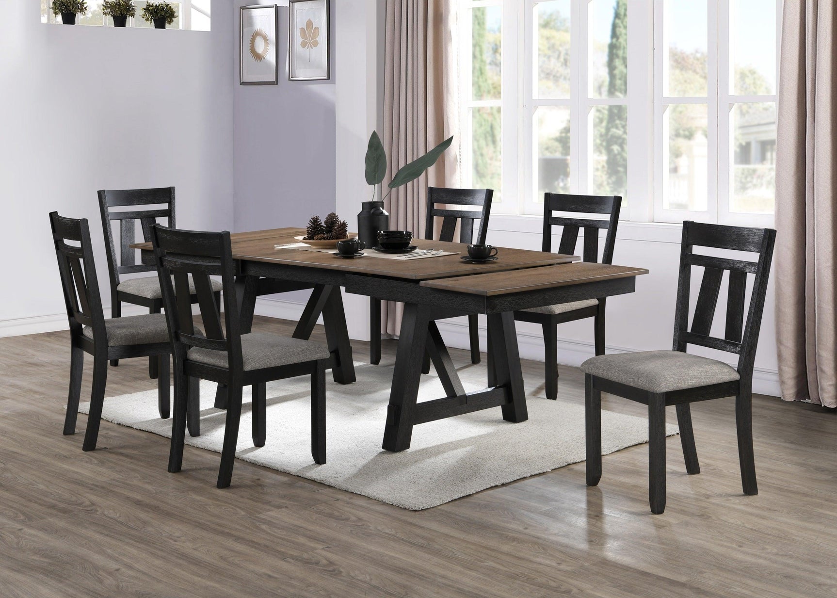 Dining room set displayed in modern room with wheat finish and charcoal fabric upholstery
