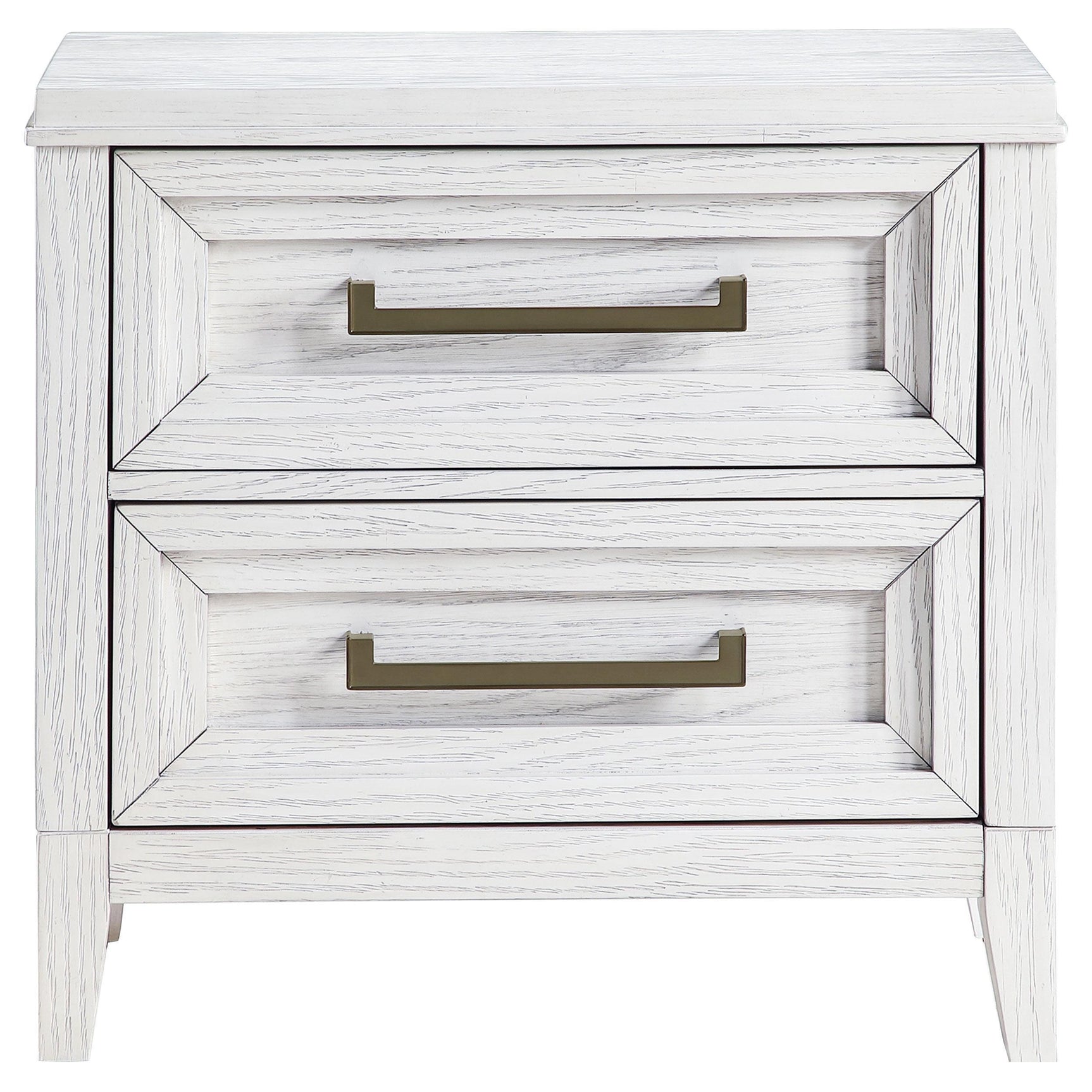 Close-up of golden bronze bar pull hardware on drawer
