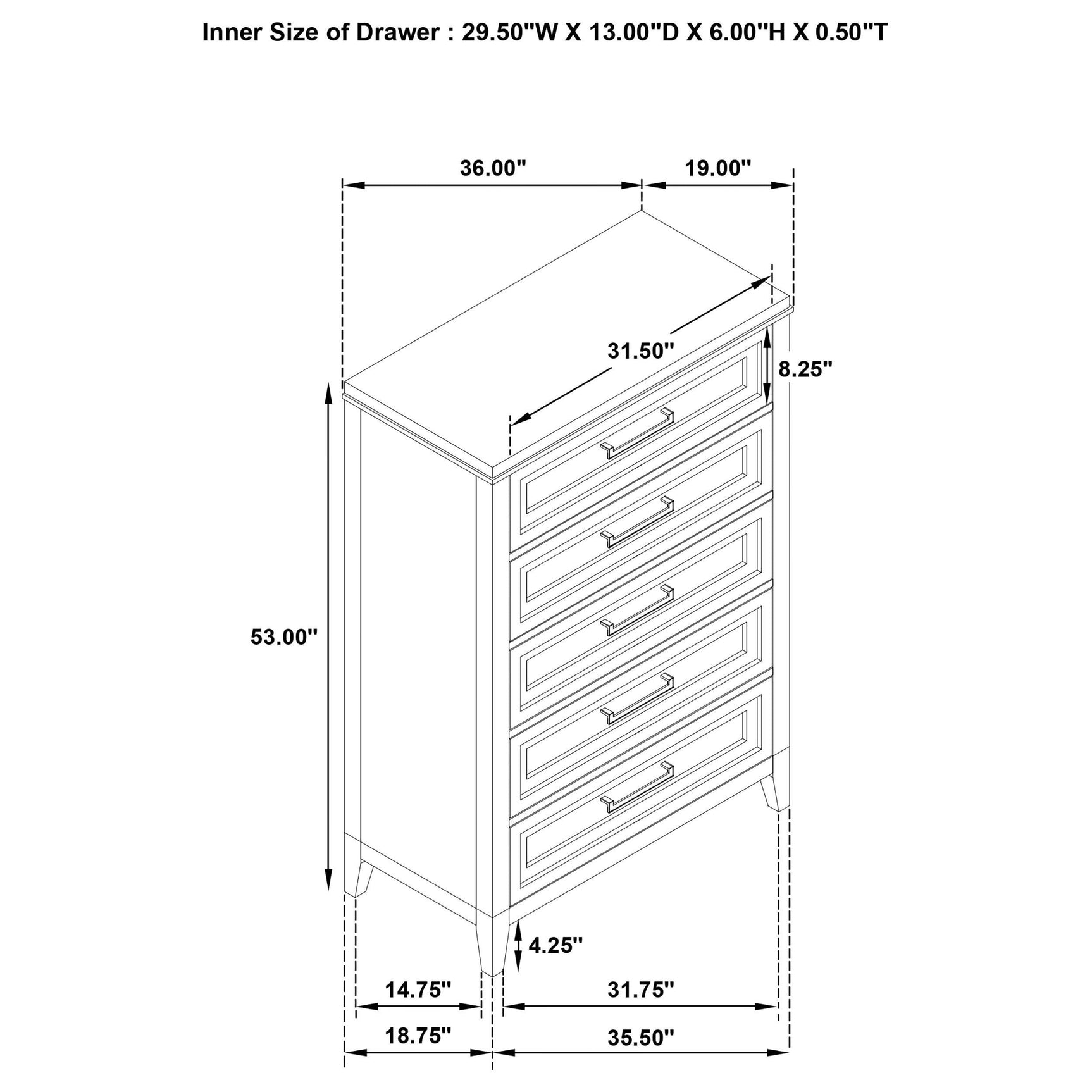 Marielle 5-drawer bedroom chest distressed white side view