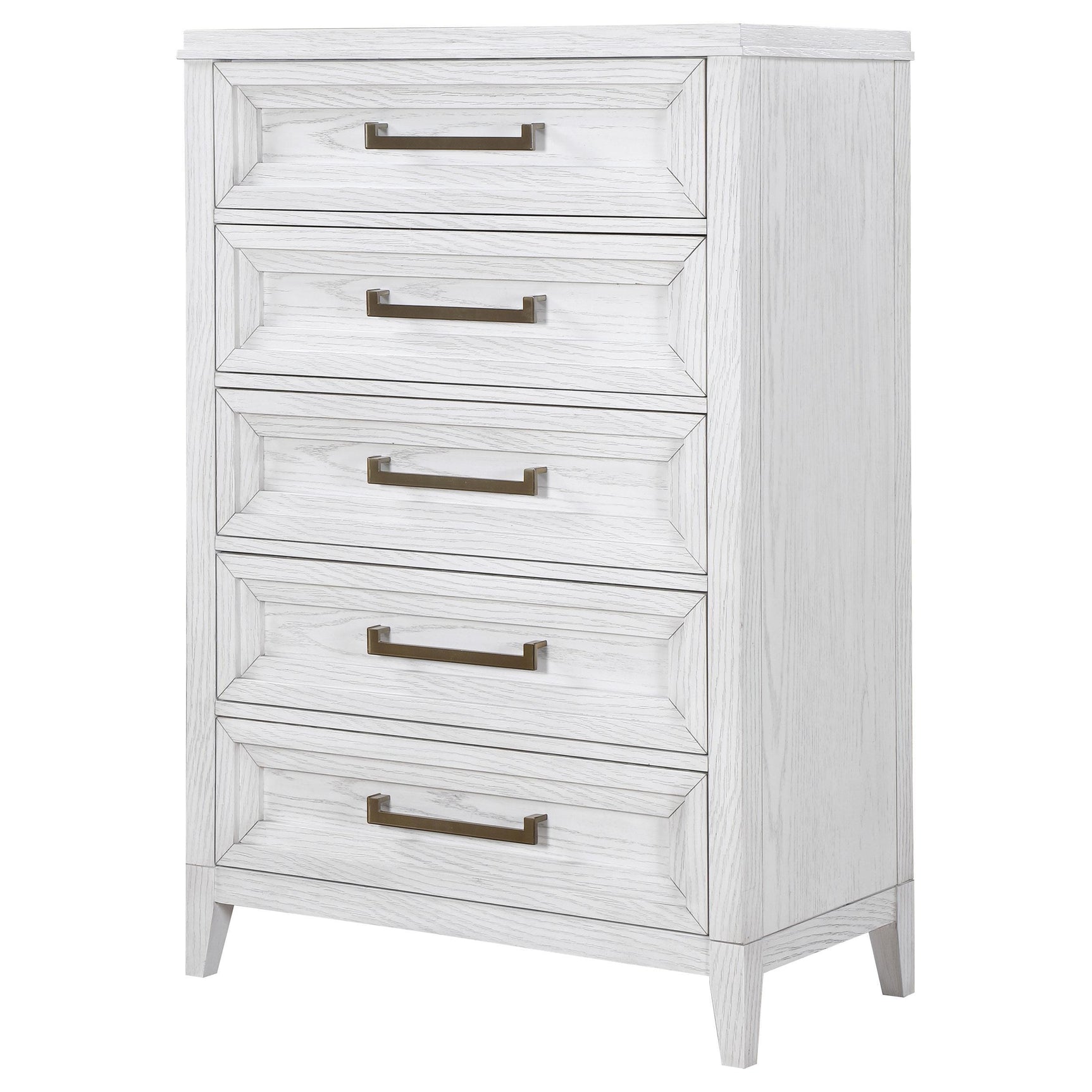 Marielle 5-drawer bedroom chest distressed white drawer detail