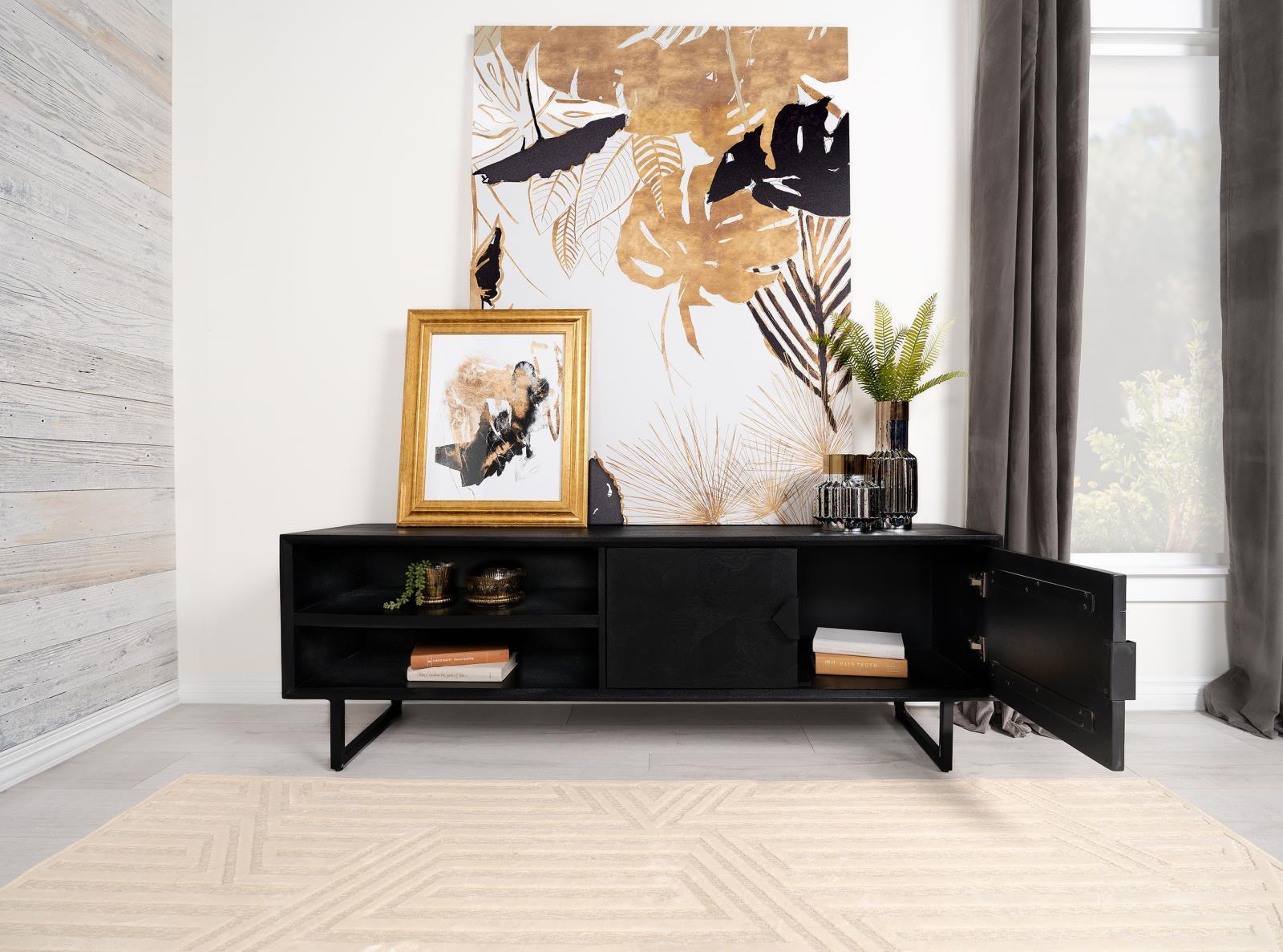 Marsden TV stand open doors showing interior shelves