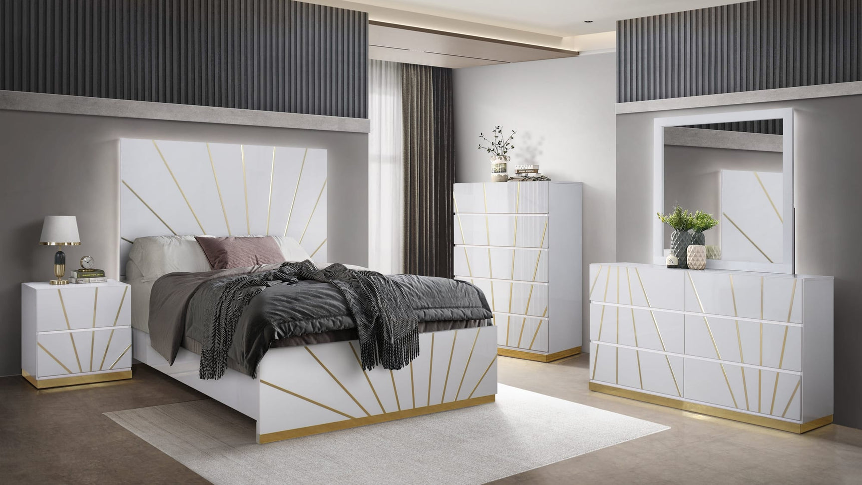 Martina White Bedroom Set with Gold Accent and LED from Decor Furniture