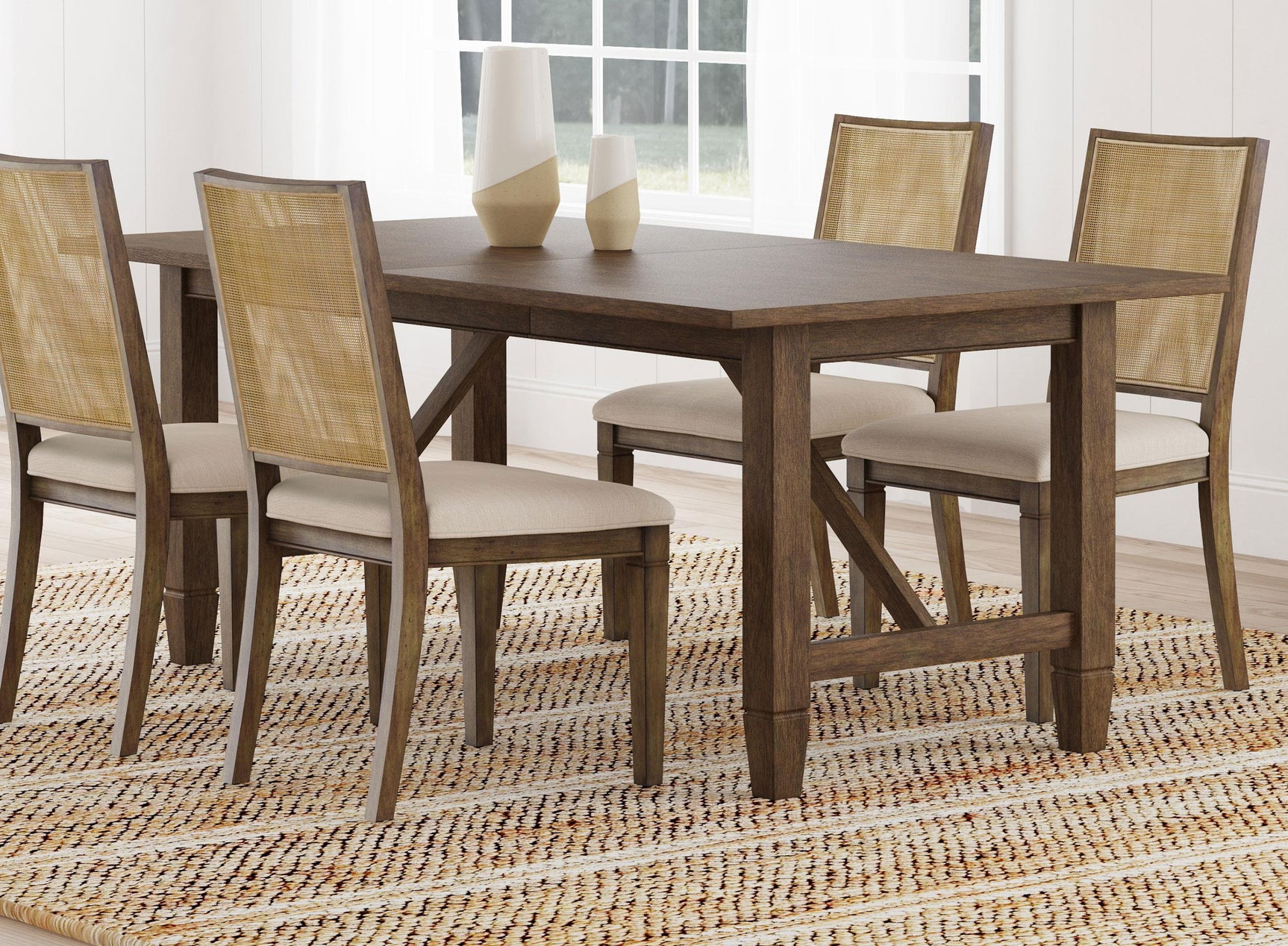 Close-up of decorative diagonal braces on Matisse dining table