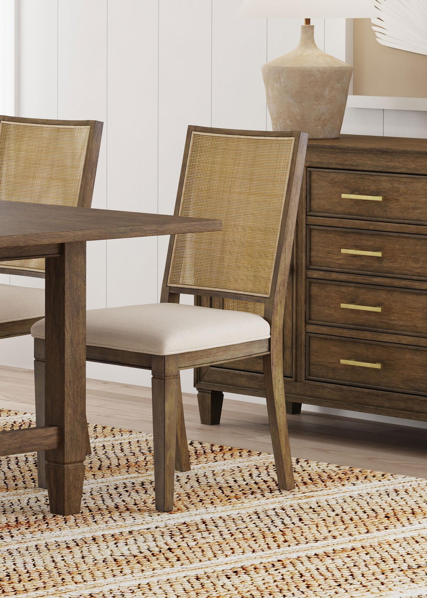 Side view of Matisse brown dining chair showing tapered legs and rattan back