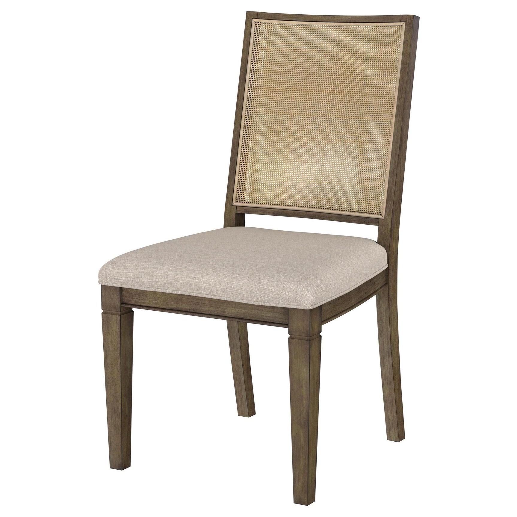 Pair of Matisse brown woven rattan back dining chairs side by side