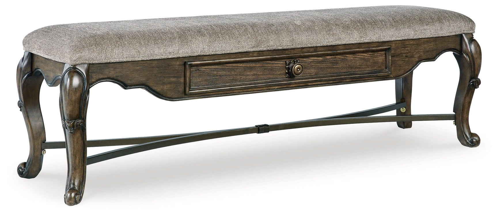 Side angle showing ornate cabriole legs and dark brown finish