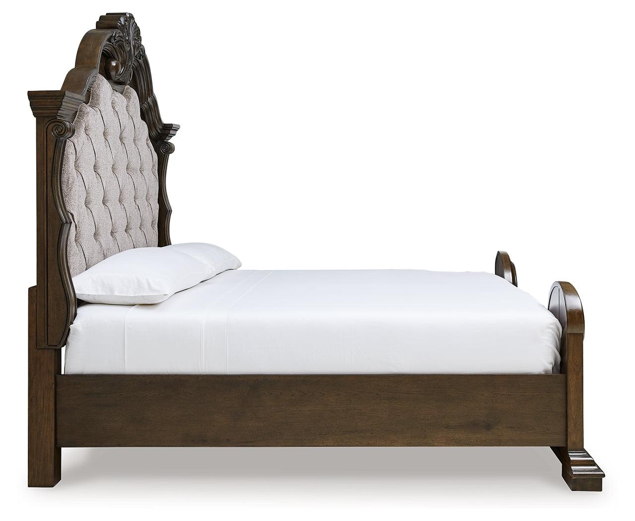 Bedroom view with Maylee upholstered king bed