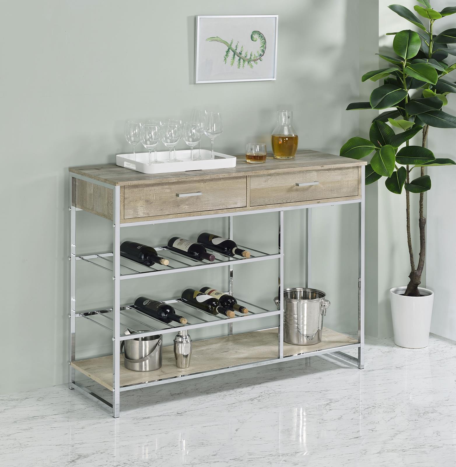 Side angle of Melrose wine cabinet showing shelves and drawer details