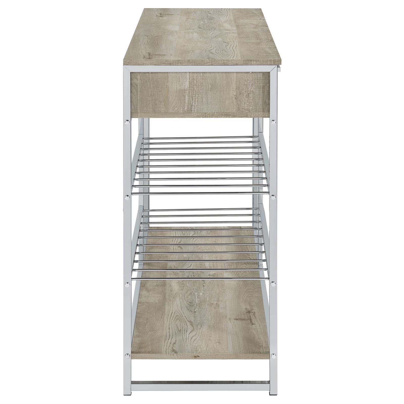 Detailed view of metal frame and particle board construction