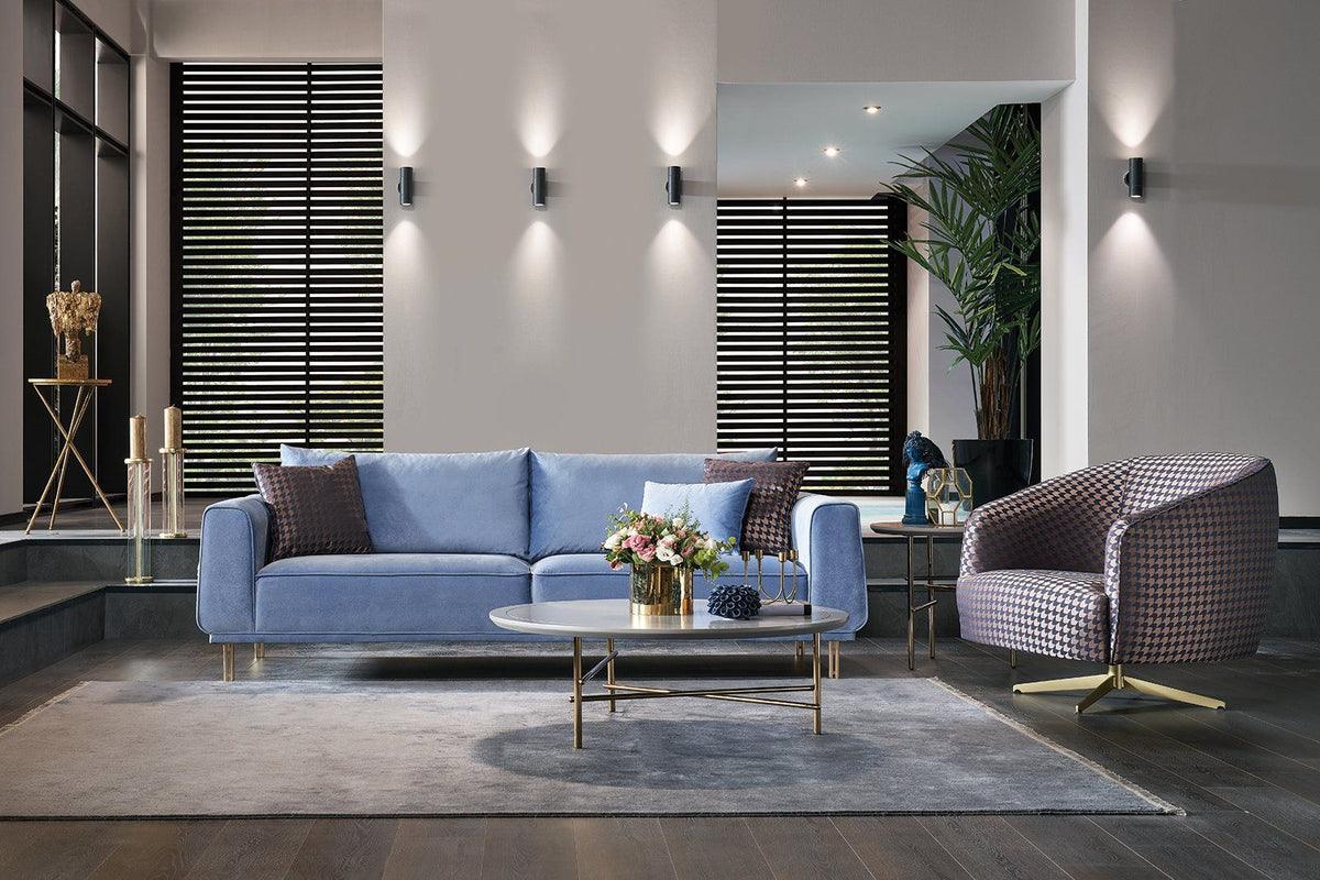 Side angle of Merida Blue and Gold 3-Seater Sofa showing armrest