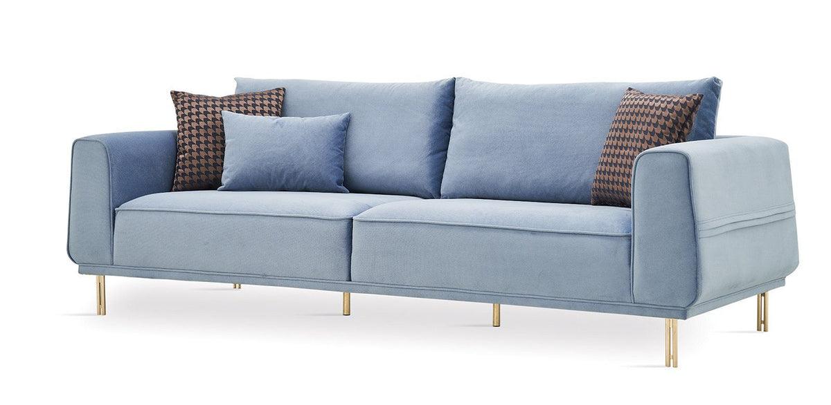 Side profile view of Merida Blue and Gold 3-Seater Sofa