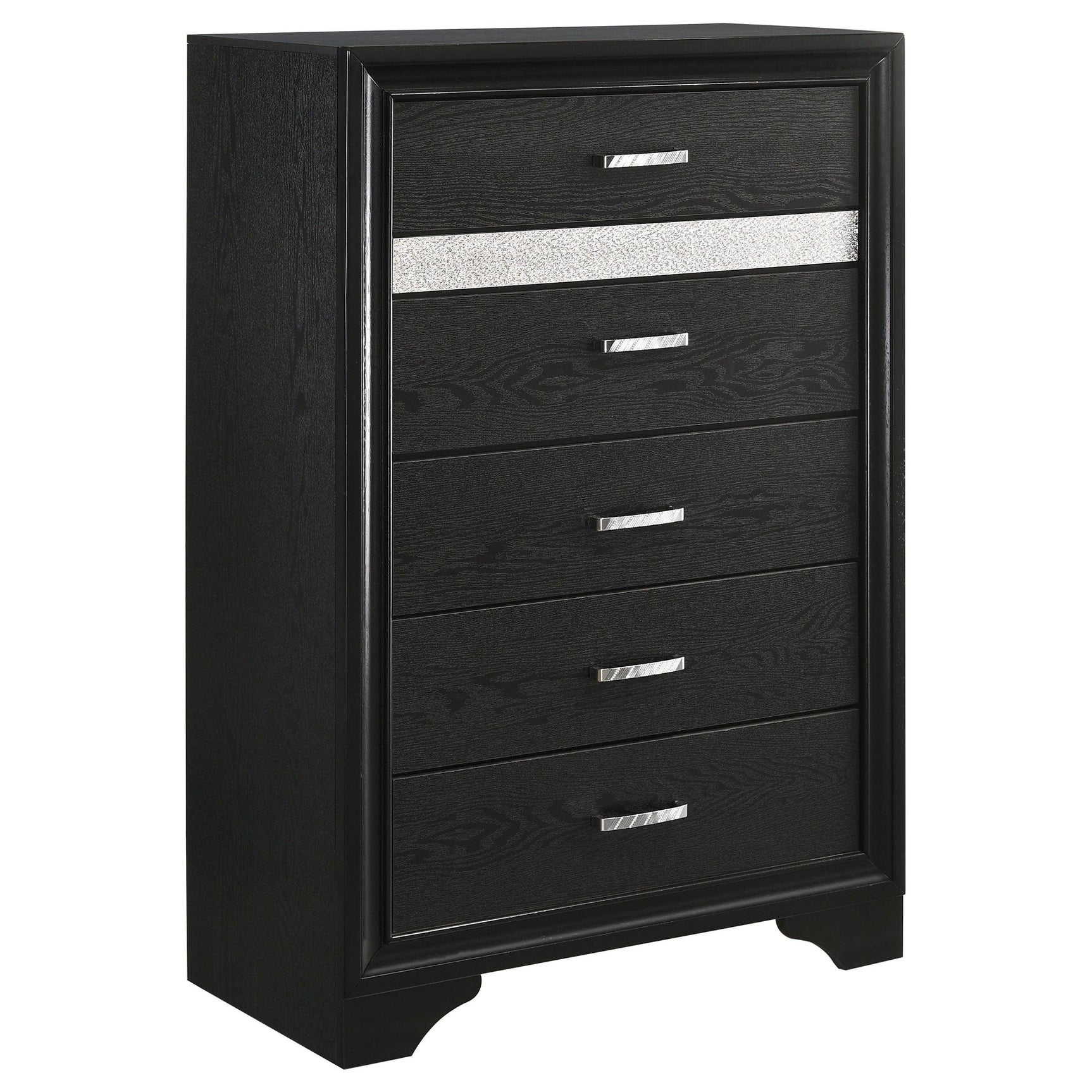 Side view of bed frame and storage of Miranda Black Set
