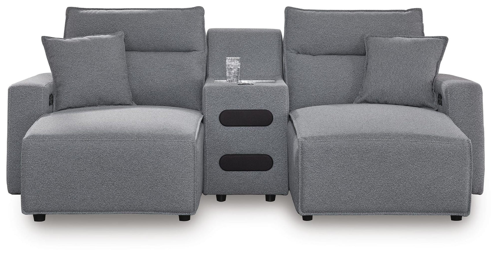 Modmax II Salt and Pepper Next-Gen Nuvella™ 3-Piece Power Reclining Sectional with Chaise and Audio Console view 2