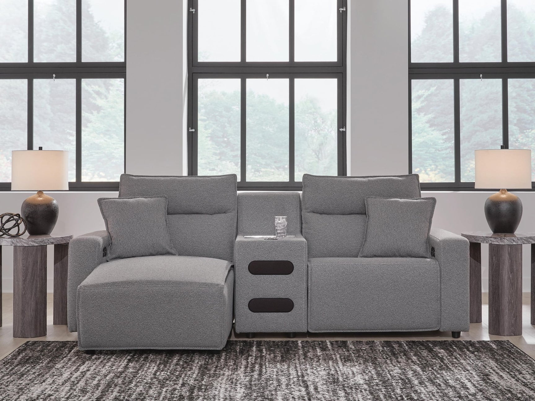 Modmax II Salt and Pepper Next-Gen Nuvella™ 3-Piece Power Reclining Sectional with Chaise and Audio Console - image 1